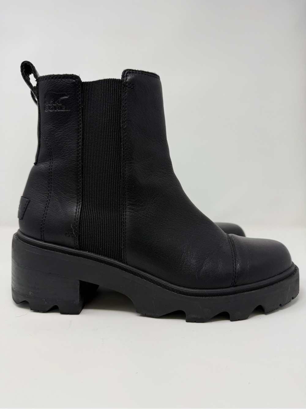 Sorel Joan Black Leather Chelsea Lug Booties